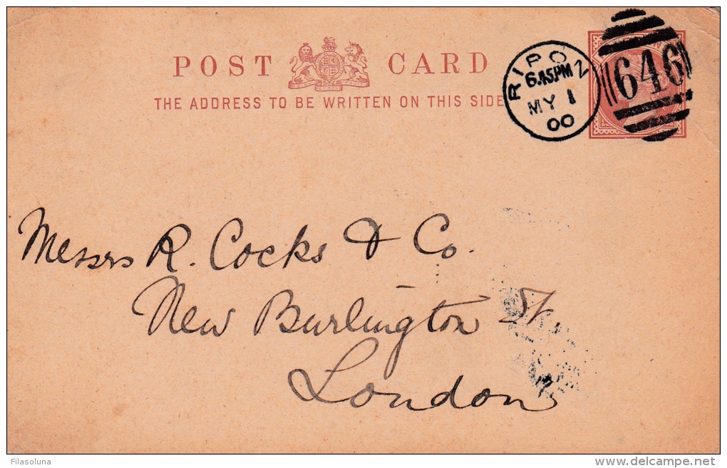 00749 Enteropostal London Ripon A London 1900 - Stamped Stationery, Airletters & Aerogrammes