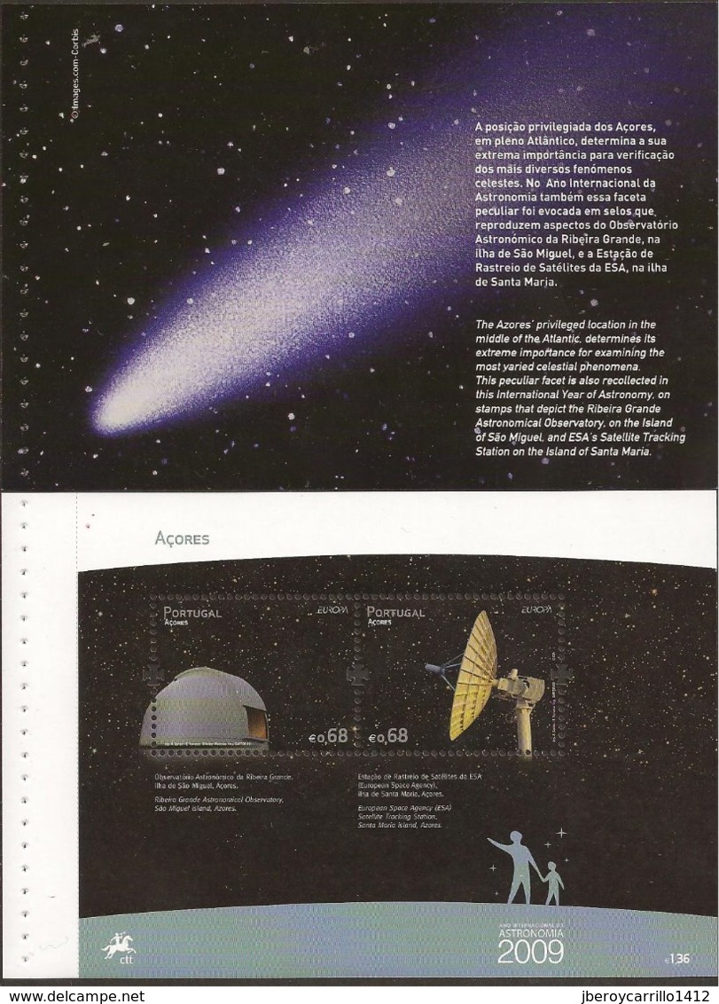 AZORES - CARNET PRESTIGIO 2009 con las PRUEBAS de COLOR, SELLO y HOJITA BLOQUE del EUROPA-CEPT 2009 "ASTRONOMIA"