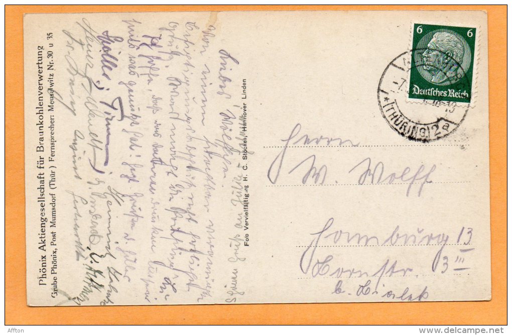 Phonix Aktiengesellschaft Fur Brauenkohlenverwertung Grube Phonix Post Mumsdorf Meuselwitz 1930 Postcard - Meuselwitz