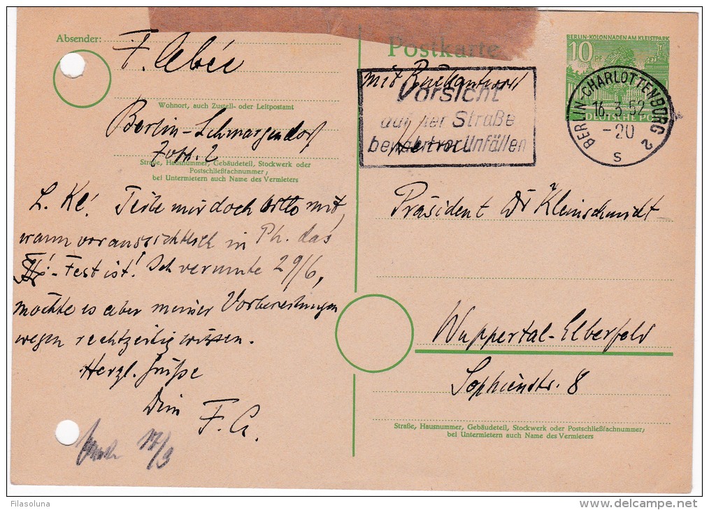 00800 Enteropostal Berlin - Charlottenburg A Wuppertal-Elberfew 52 - Postcards - Used