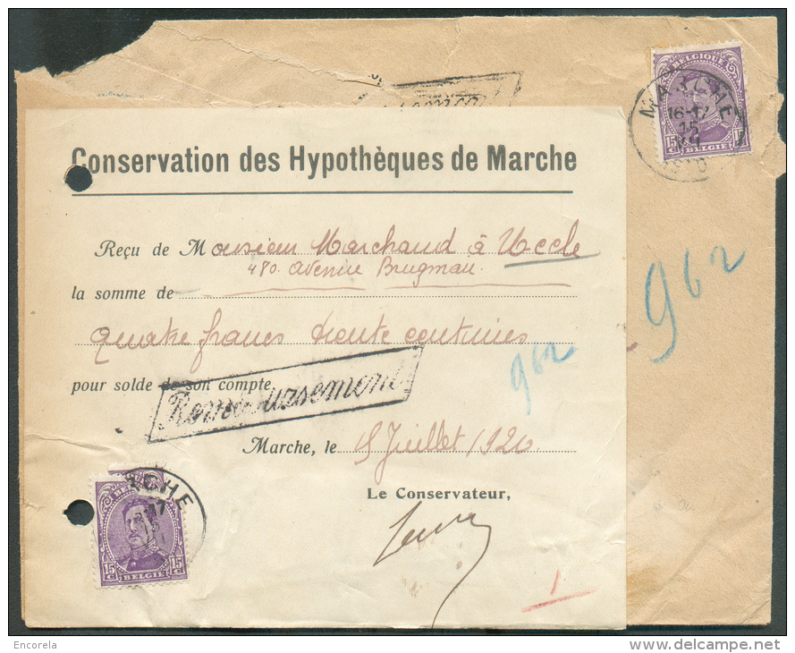 N°139(2) - 15 Centimes Emission 1915 Obl. Sc MARCHE Sur Lettre Du 15-VII-1920 Avec Griffe REMBOURSEMENT Vers Uccle.  Le - 1915-1920 Albert I