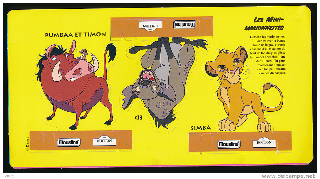 Publicité : Purée MOUSLINE, Les Mini-marionnettes Détachables Du Roi Lion, Pumbaa Et Timon, Ed, Simba - Publicités