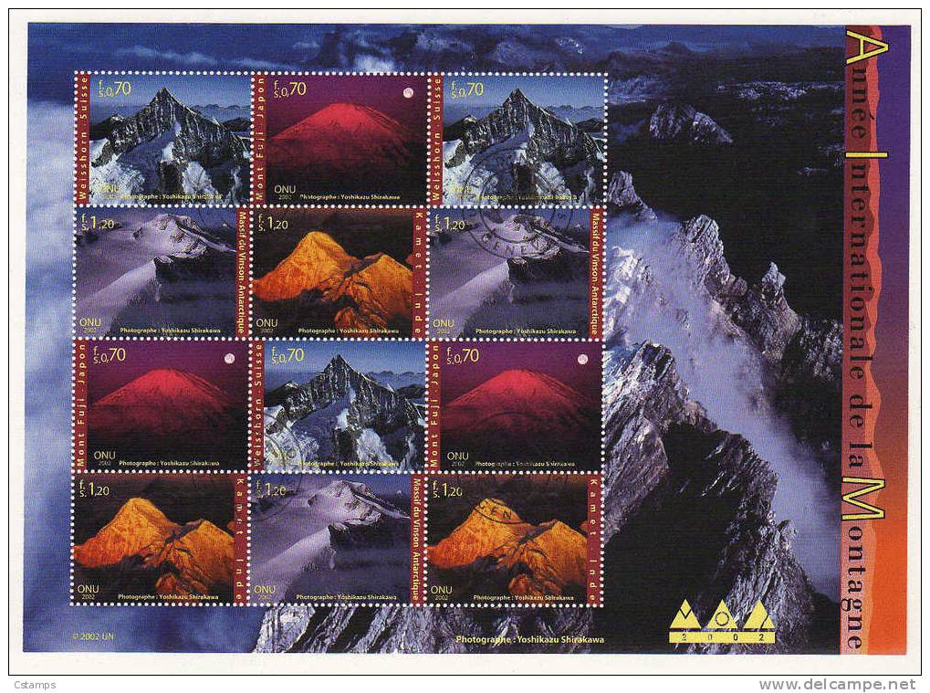 Montañas Y Volcanes - 2002 - Naciones Unidas - Ginebra - Hoja Block Con 12 Sellos C/matasellos - Vulkane
