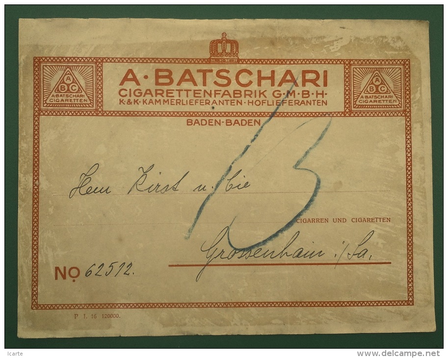 étiquette De Colis CIGARETTEN FABRIK BATSCHARI BADEN BADEN Vers Grossenhain 1916 - Documentos