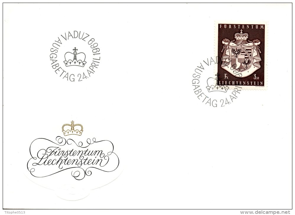 LIECHTENSTEIN. N°455 Sur Enveloppe 1er Jour (FDC) De 1969. Armoiries De La Principauté. - Covers