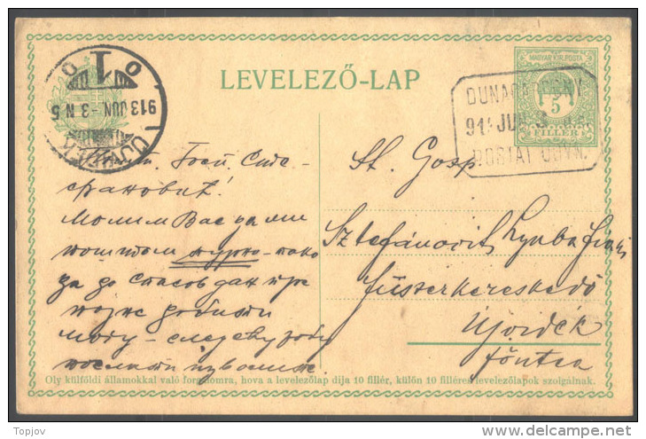 JUGOSLAVIA - HUNGARY - VOJVODINA - POST AGENCY DUNAGARDONY GARDINOVCI - 1913 - Entiers Postaux