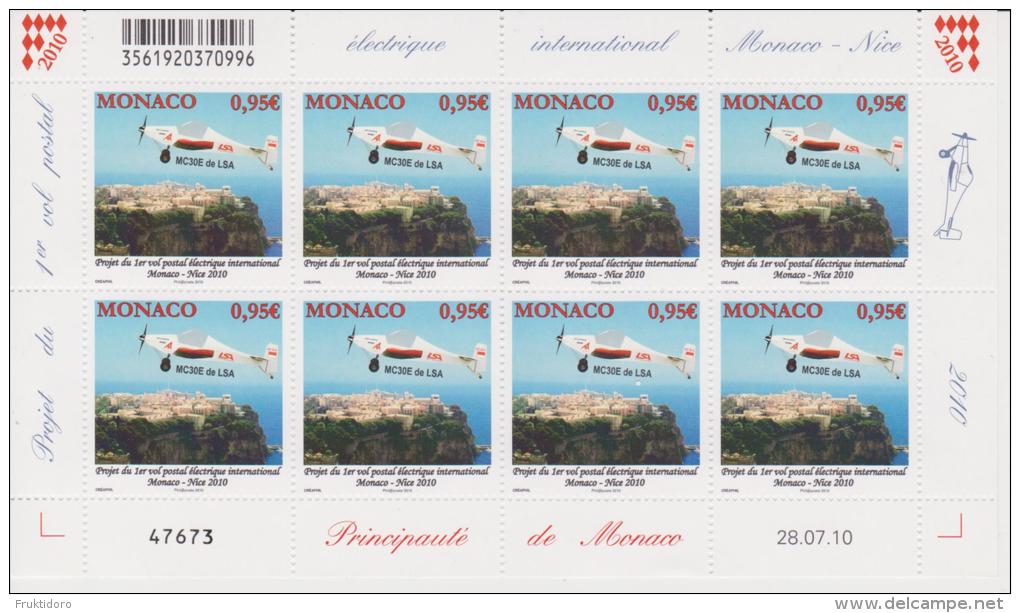 Monaco Mi 3007 First Mail Flight With Electric Plane Monaco-Nice - Plane MC30-E Over Monaco - 2010 - Full Sheet * * - Unused Stamps