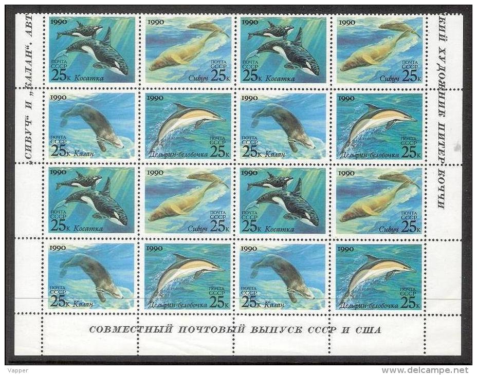 Marine Mammals 1990 USSR MNH  4 Stamps Block Of 16 Mi 6130-33 +LABELS. Whales, Northern Sealions, Sea Otter, Dolphin - Baleines