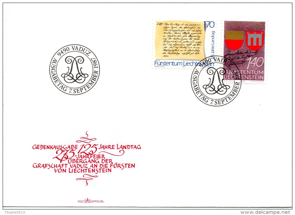 LIECHTENSTEIN. N°869-70 Sur Enveloppe 1er Jour (FDC) De 1987. Anniversaires : Armoiries, Parlement, - Covers