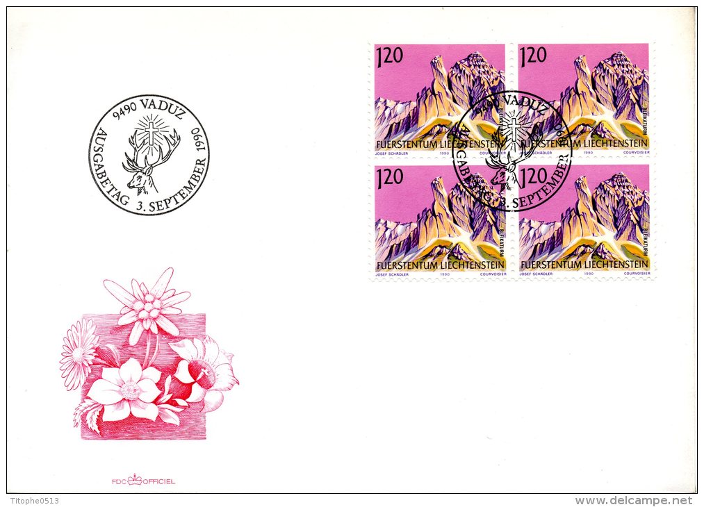 LIECHTENSTEIN. N°944 X4 Sur Enveloppe 1er Jour (FDC) De 1990. Montagnes. - Montagnes