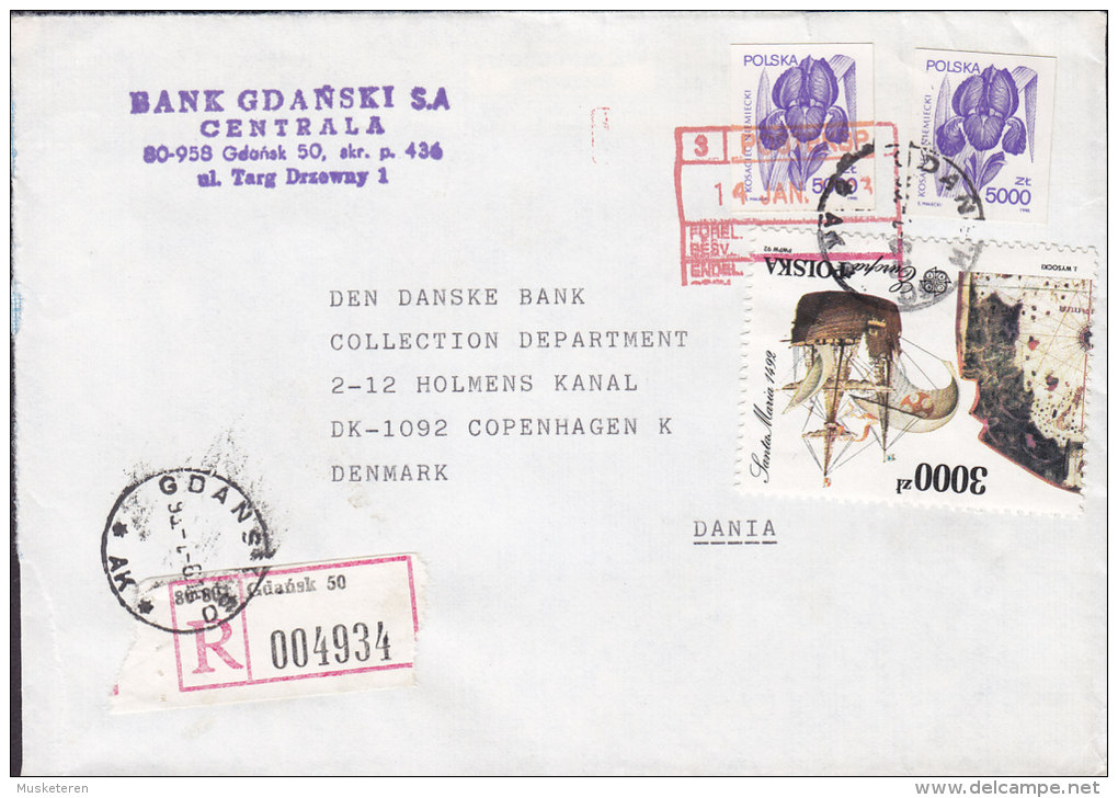 Poland BANK GDANSKI Registered Einschreiben Recommandée GDANSK 50 Label 1993 Cover Brief Denmark Europa CEPT & Flowers - Gebraucht