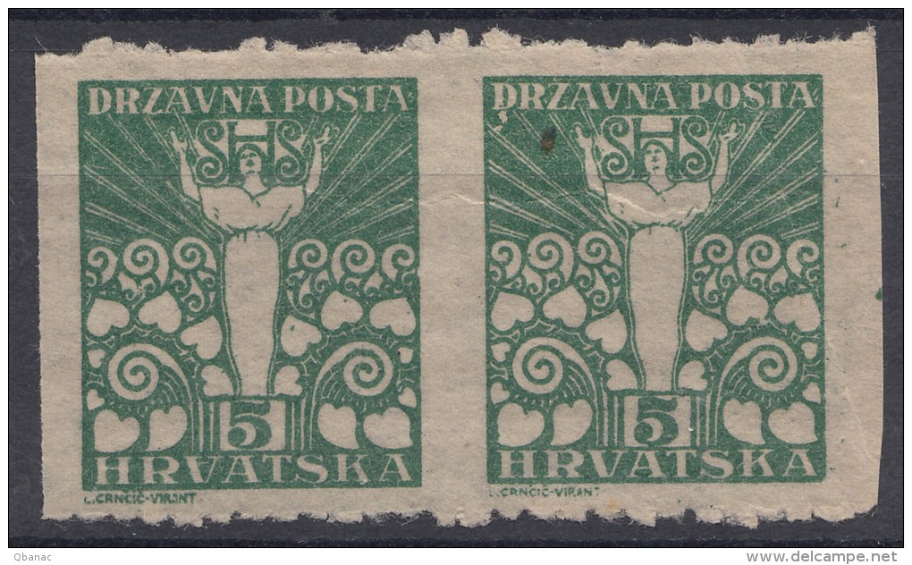 Yugoslavia, Kingdom SHS, Issues For Croatia 1919 Mi#90 Imperforated Horizontaly Pair, "dull" Perf. Never Hinged - Ungebraucht