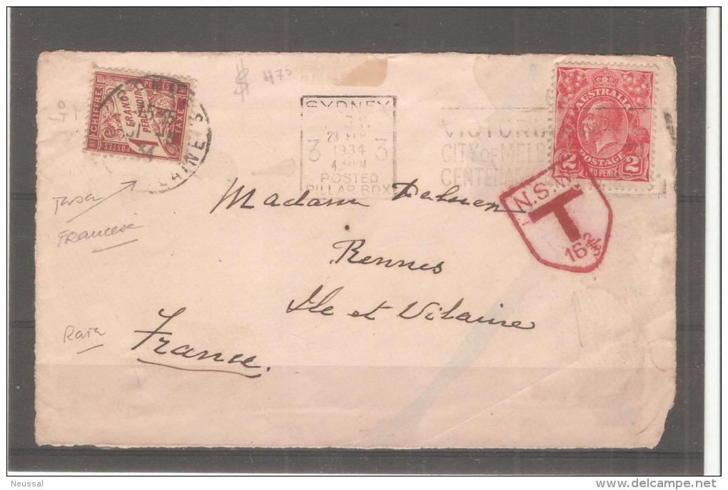 Frontal Carta De Australia Con Sello De Tasas Frances. - Lettres & Documents