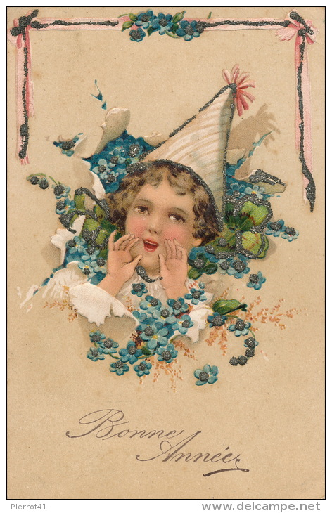 ENFANTS - Jolie Carte Fantaisie Gaufrée Avec Paillettes Enfant Et Fleurs Myosotis "Bonne Année" (embossed Postcard) - New Year