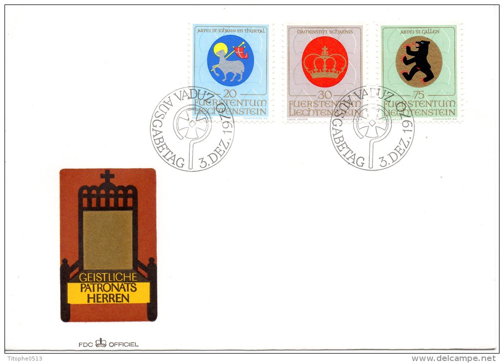 LIECHTENSTEIN. N°481-3 Sur Enveloppe 1er Jour (FDC) De 1970. Armoiries Religieuses. - Omslagen