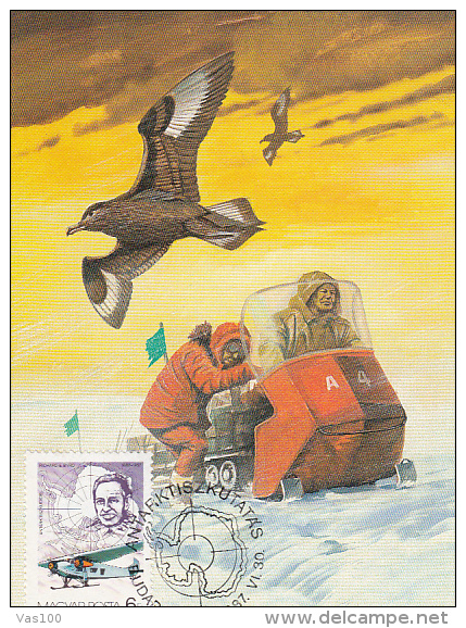 ANTARKTIK EXPLORERS, GULLS, PLANE, SLEDGE, CM, MAXICARD, CARTES MAXIMUM, 1987, HUNGARY - Esploratori