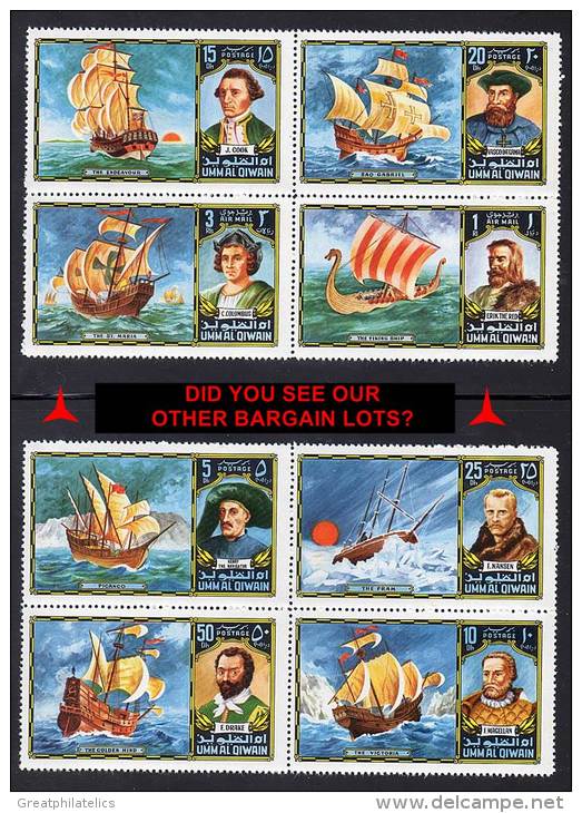 UMM AL QIWAIN = EXPLORERS MNH X2 BLOCKS  COLUMBUS,COOK, SAIL SHIPS, VIKINGS, POLAR (4D0155) - Expediciones árticas