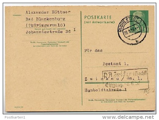 DDR  P70 IF  Frage-Postkarte III/18/97  Rudolstadt - Zwickau 1957 - Postcards - Used