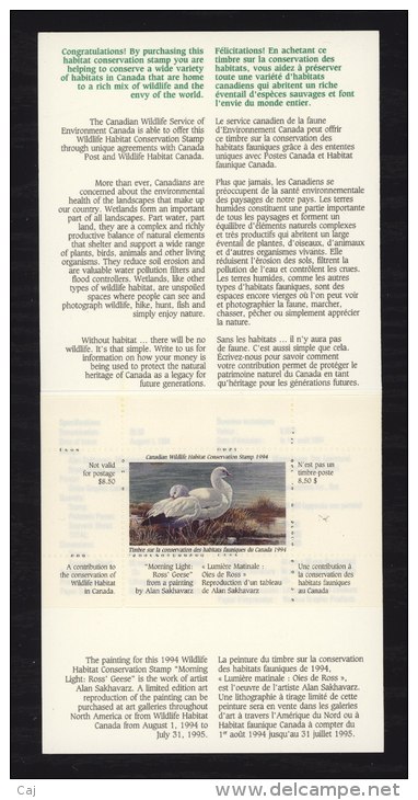 Canada  -  1994  :  Le Carnet Wildlife Habitat Conservation ,  Oies De Ross , Geese - Steuermarken