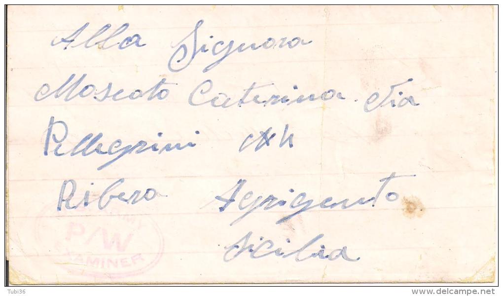 STORIA POSTALE, LETTERA IN FRANCHIGIA, DA  PRIGIONIERO ITALIANO  IN ALGERIA, 1944, PER RIBERA  AGRIGENTO, - Franchise