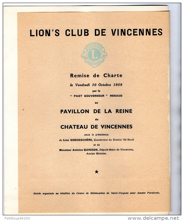 MENU AIR FRANCE  Les Châteaux De La Loire CHENONCEAUX  LION’S CLUB DE VINCENNES  Octobre 1958 - Menu Cards