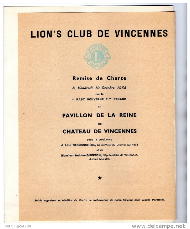 MENU AIR FRANCE  Les Châteaux De La Loire CHENONCEAUX  LION’S CLUB DE VINCENNES  Octobre 1958 - Menükarten