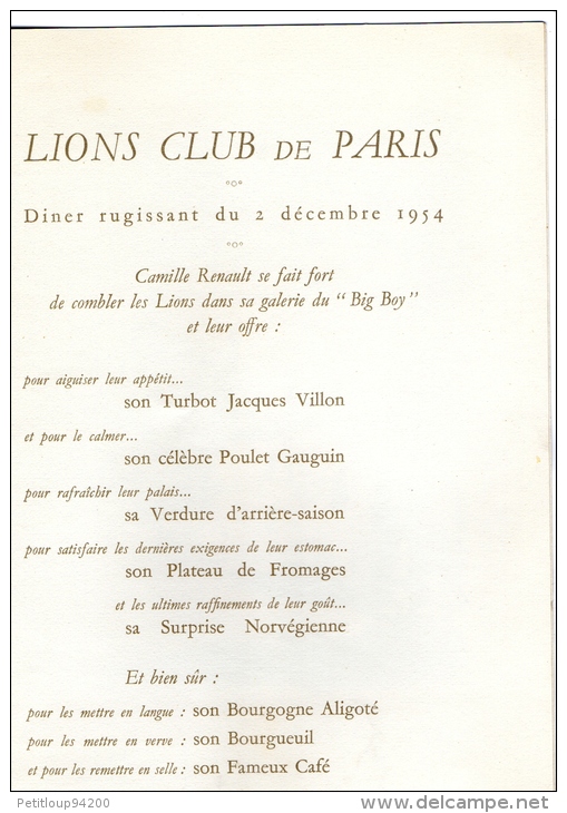 MENU AIR FRANCE  Paris-L’Institut De France Et Le Pont Des Arts  LIONS CLUB De PARIS  Decembre 1954 - Menú