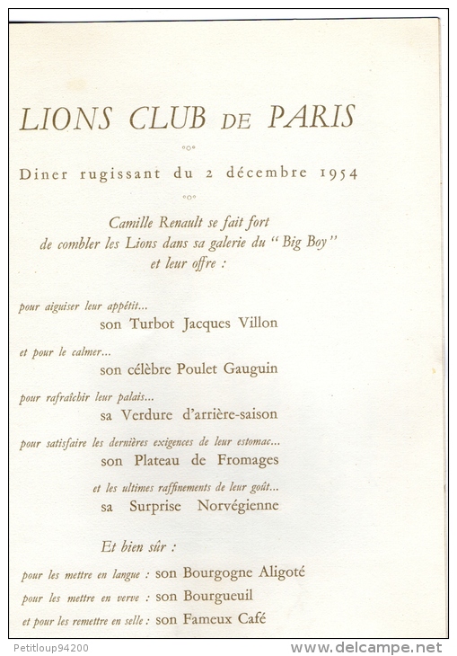 MENU AIR FRANCE  Paris-La Boutique De Montmartre  LIONS CLUB De PARIS   Décembre 1954 - Menus