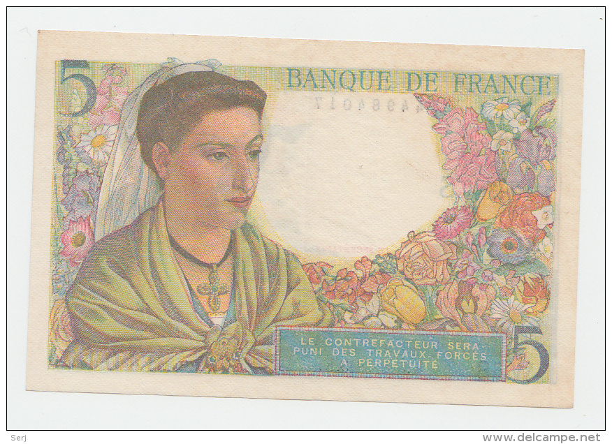 FRANCE 5 FRANCS 1943 XF P 98a 98 A (No Pinholes) - 5 F 1943-1947 ''Berger''