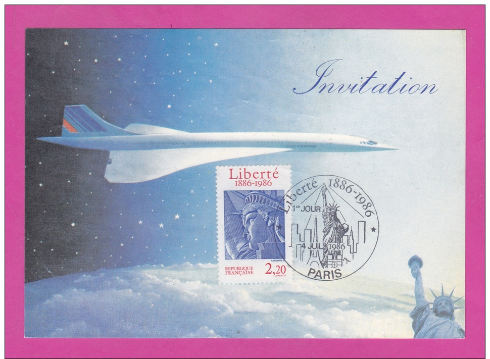 Liberté 1886-1986 1er Jour 4.7.86 Paris Sur Carte D´invitation Club Aérophilatélique Concorde - 1961-....