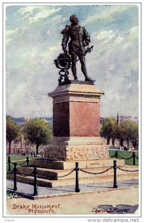 Drake Monument, Plymouth, Devon -  Artist Signed Charles Flowers - Plymouth