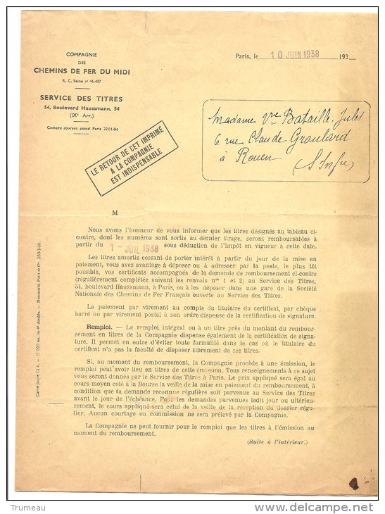 CHEMIN DE FER DU MIDI SERVICE DES TITRES REMBOURSEMENT DE TITRES 1938 - Railway & Tramway