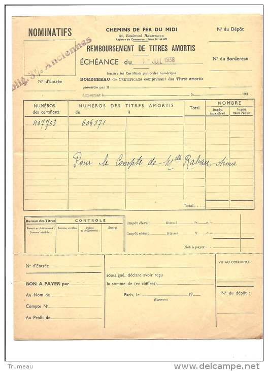 CHEMIN DE FER DU MIDI SERVICE DES TITRES REMBOURSEMENT DE TITRES 1938 - Chemin De Fer & Tramway