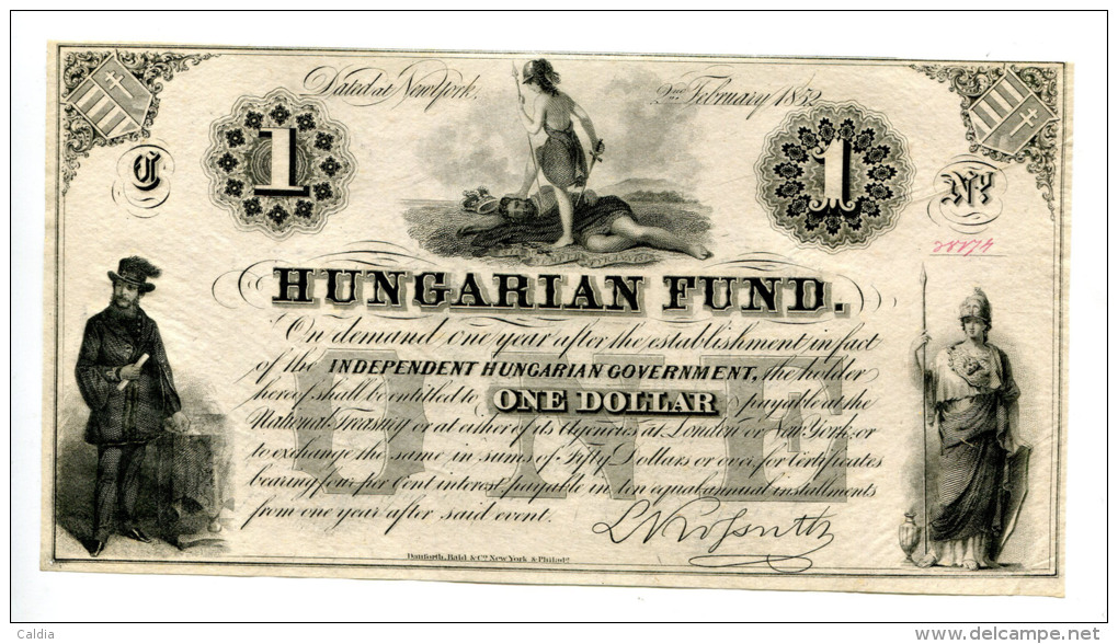 Hongrie Hungary Ungarn 1 Dollar 1852 " HUNGARIAN FUND " KOSUTH "" AUNC +++ / UNC - RED Serial RARE !!! - Hongarije
