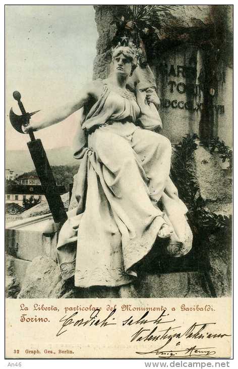 TORINO - LA LIBERTA' PARTICOLARE DEL MONUMENTO A GARIBALDI - VG 1903 XMONESIGLIO - ORIGINALE D´EPOCA 100% - Autres Monuments, édifices