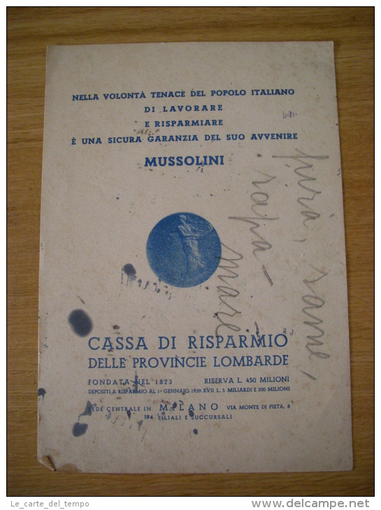 Carta Assorbente/buvard "Cassa Di Risparmio Delle Province Lombarde - MILANO 1939" - Bank & Insurance