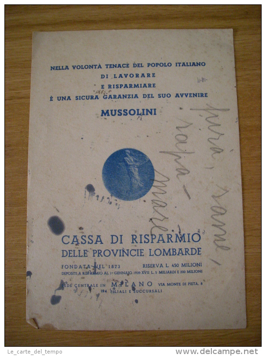 Carta Assorbente/buvard "Cassa Di Risparmio Delle Province Lombarde - MILANO 1939" - Banca & Assicurazione