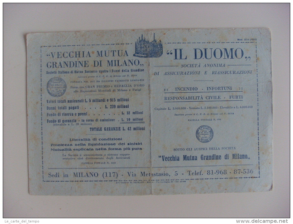 Carta Assorbente/buvard "Vecchia Mutua Grandine Di Milano IL DUOMO. Società Italiana Di Mutuo Soccorso" Anni'30 - Bank & Versicherung