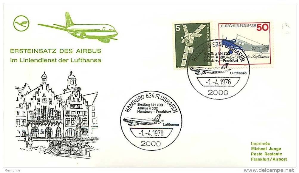 1976   Lufthansa   Esrtflug   Hamburg - Frankfurt   Mit Airbus A 300 - Briefe U. Dokumente