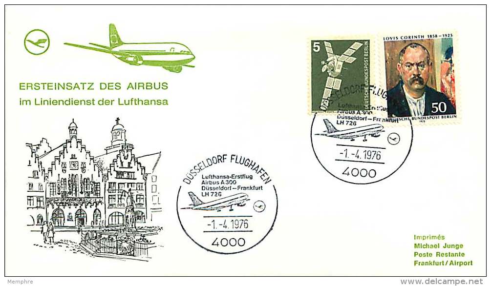 1976   Lufthansa   Esrtflug   Düsseldorf - Frankfurt   Mit Airbus A 300 - Briefe U. Dokumente