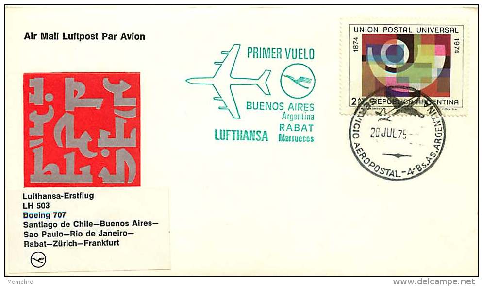 1975  Premier Vol  Lufthansa  Buenos Aires  - Rabat - Lettres & Documents