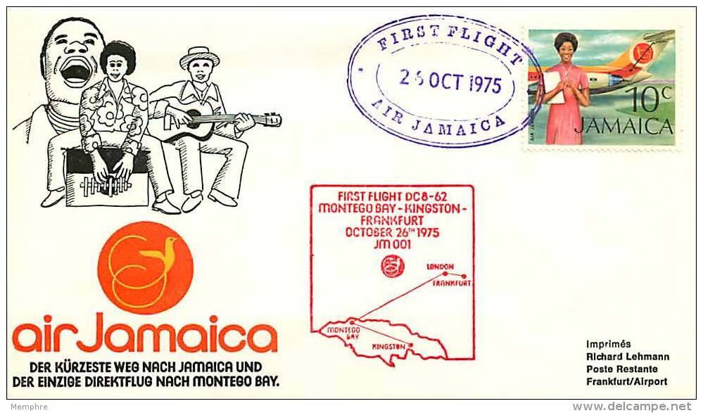 1975  Premier Vol   Air Jamaica KIngston - Frankfurt Par DC 8 -62 - Jamaique (1962-...)