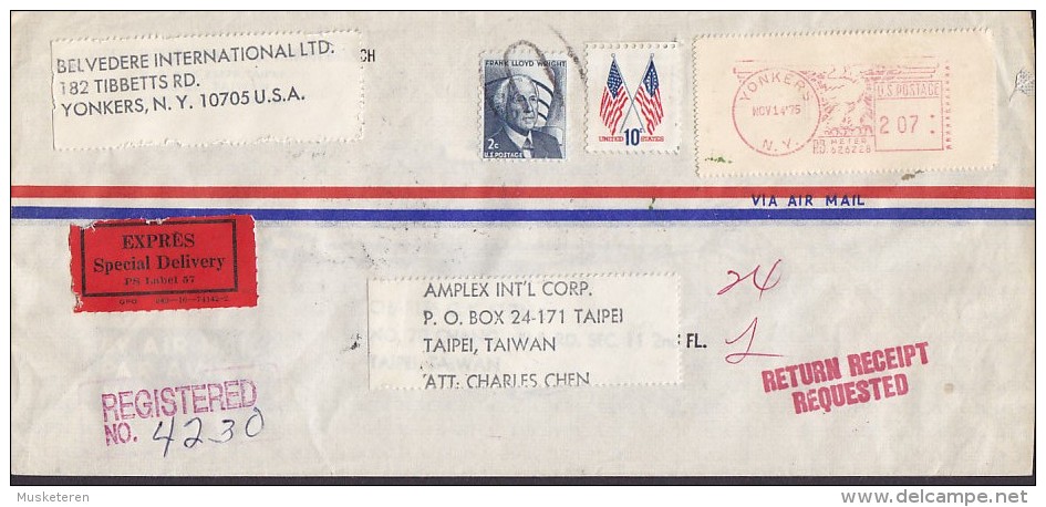 United States Airmail Registered Special Delivery EXPRÉS Label YONKERS Meter Stamp Cover To TAIPEI Taiwan (2 Scans) - Special Delivery, Registration & Certified