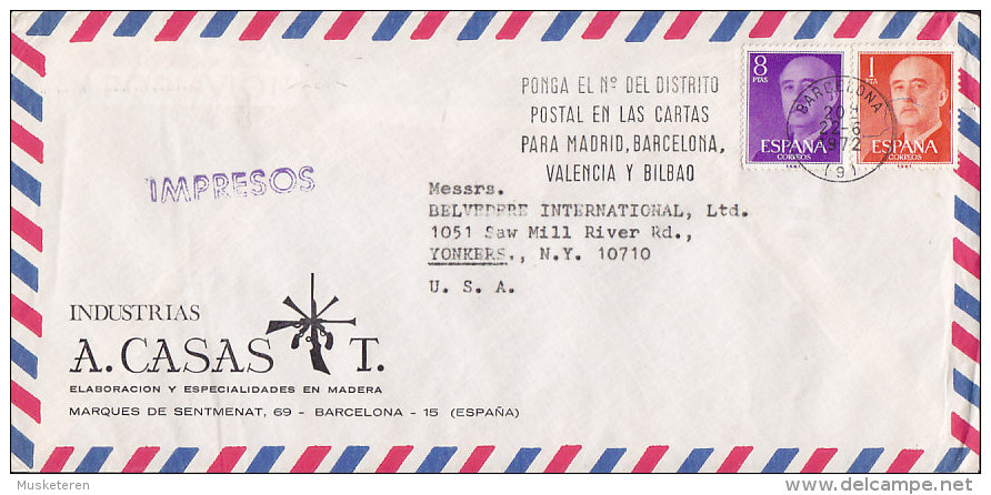 Spain Airmail INDUSTRIAS A. CASAS T., BARCELONA 1972 Cover United States Guns & Pistols Cachet Franco Stamps IMPRESSOS - Briefe U. Dokumente