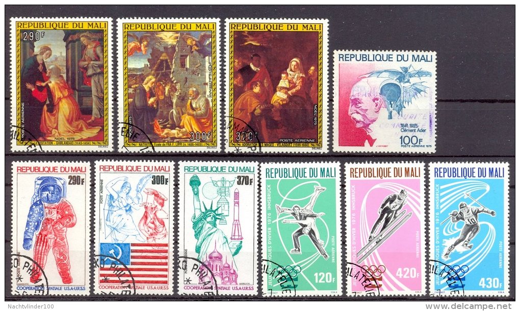 Mut117 SMALL ASSORTMENT SPORTS KUNST ART STATUE OF LIBERTY ASTRONAUT SKIING MALI 1975 Gebr/used  VANAF1EURO - Mali (1959-...)