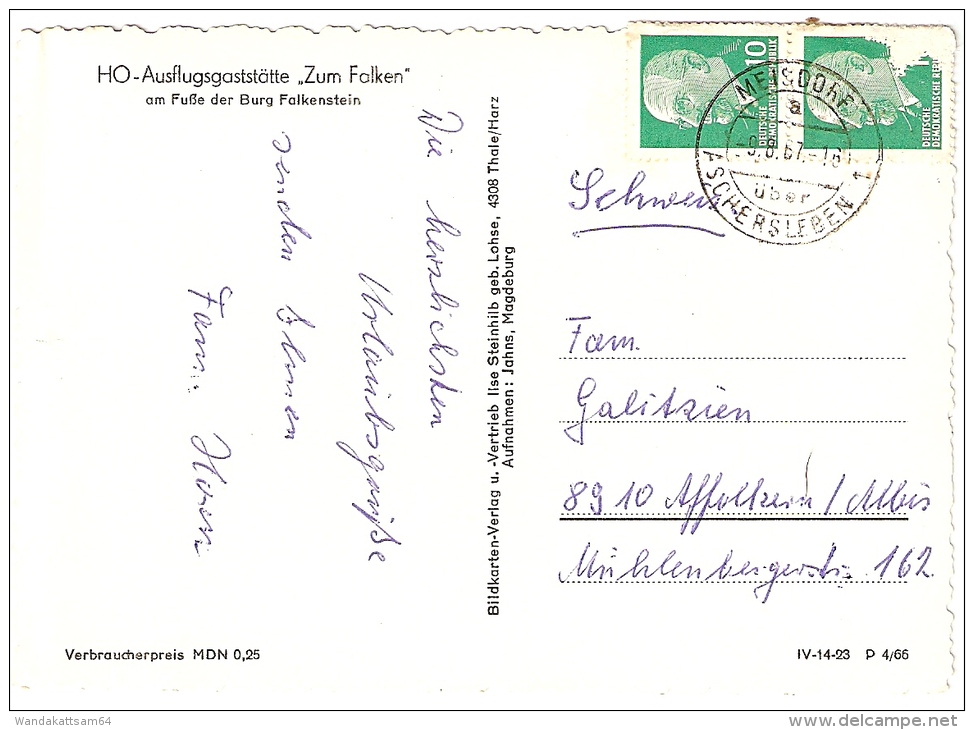 AK 1423 Selketal im Harz HO-Ausflugsgaststätte "Zum Falken" am Fuße der Burg Falkenstein -9.8.67-16 MEISDORF über ASCHER