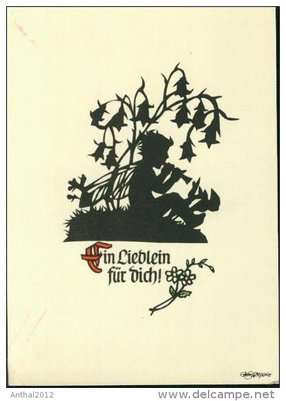 Scherenschnitt Silhouette Georg Plischke Ein Lieblein Für Dich Kind Mit Flöte Flügel Blumen Fleur Flower - Silhouetkaarten