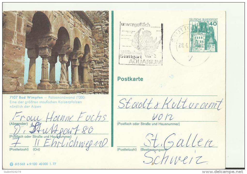 GERMANY 1977    -  PRE-STAMPED POSTALCARD OF 40 PF – BAD WIMPFEN  ADDR TO SWITZERLAND  POSTM STUTTGART APR 28,1977 RE828 - Bad Wimpfen