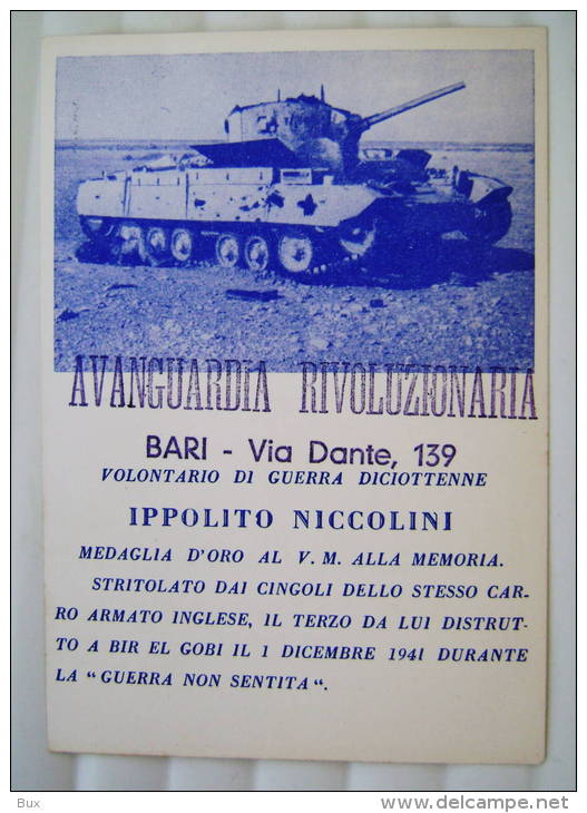 BARI  AVANGUARDIA RIVOLUZIONARIA  MILITARE  IPPOLITO NICCOLINI MEDAGLIA D'ORO AFRICA  BIR EL GOBI  CARRO ARMATO INGLESE - Manifesti