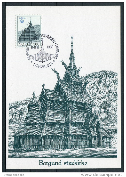 1980 Norway Hamburg Germany Nordposta Stamp Europa Exhibition Maxicard - Borgund Stavkirke - Cartes-maximum (CM)